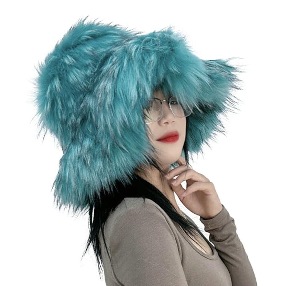 7844 Furry Bucket Hat Winter Faux Fur Plush Hats Warm Fisherman Cap Fluffy